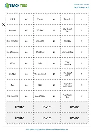ESL prepositions of time game preview featuring vocabulary, grammar and speaking activities, matching exercises, invitation formation practice for pre-intermediate A2 students