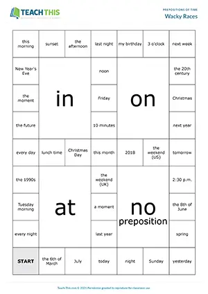 ESL prepositions of time board game preview featuring grammar and vocabulary activities, matching exercises, group work for pre-intermediate A2 students