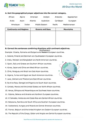 ESL proper adjectives worksheet preview for B1 showing continent and region adjective categories and grammar exercises