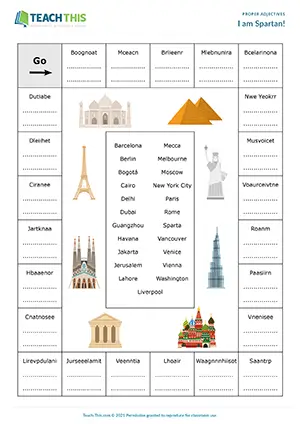 ESL proper adjectives board game preview for B2 showing city adjectives unscrambling and group matching activities
