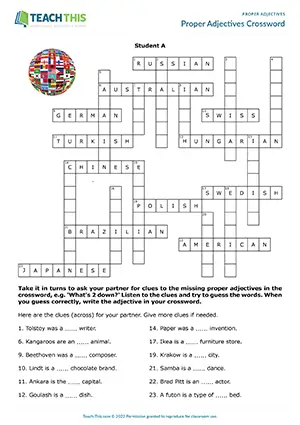 ESL proper adjectives crossword activity preview for B1 showing pairs asking clues and guessing adjectives