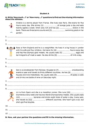 ESL quantifiers activity preview for A2 showing information gap about athletes and pair speaking practice