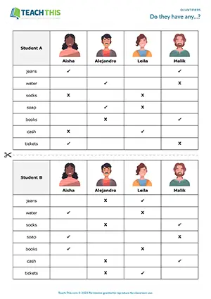 ESL some and any activity preview for A1-A2 showing pair work information gap and table completion