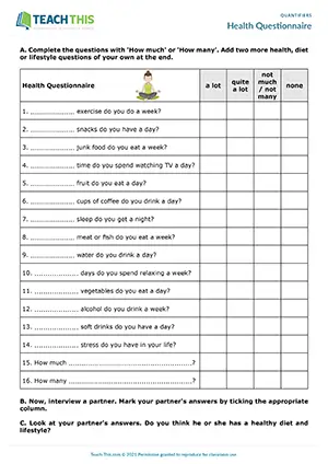 ESL how much how many activity preview for A2 showing health and lifestyle questionnaire pair work