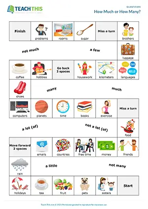 ESL how much or how many board game preview for A2 showing group question forming and freer speaking