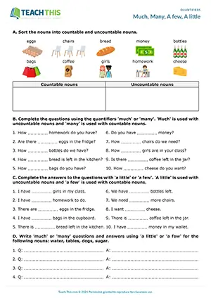 ESL quantifiers worksheet preview for A2 showing countable and uncountable sorting, gap-fill, and question writing