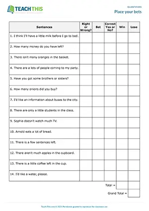 ESL quantifiers error correction activity preview for A2 showing students identifying and correcting quantifier mistakes