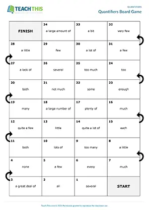 ESL quantifiers board game preview for B1 showing group dice game and forming sentences with topics and quantifiers