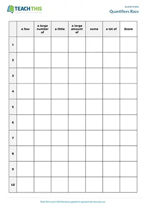 ESL quantifiers game preview for A2 showing students racing to list nouns for quantifiers and categories