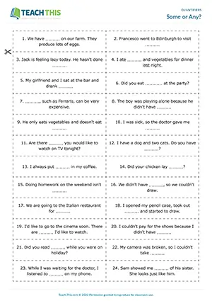 ESL some and any game preview for A1-A2 showing group sentence completion and matching activities