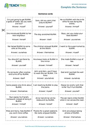 ESL reflexive pronouns game preview for A2 showing sentence completion and matching activities