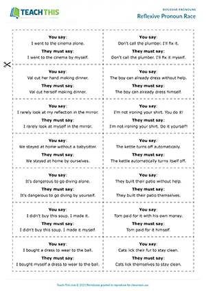 ESL reflexive pronouns game preview for B1 showing students rewording sentences to include reflexive pronouns