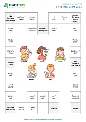 ESL sense verbs board game preview for A1-A2 showing dice game, noun and adjective squares, and sentence practice