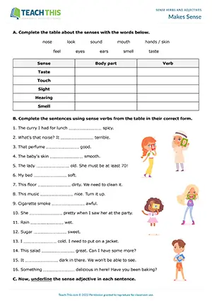 ESL sense verbs and adjectives worksheet preview for A2 showing gap-fill, table, and matching activities