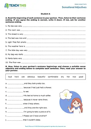 ESL sense adjectives activity preview for A1-A2 showing matching sentence halves with sensory adjectives