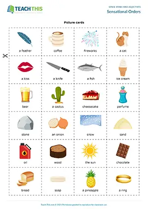 ESL sense adjectives and verbs game preview for B1-B2 showing pair describing, matching, and question activities