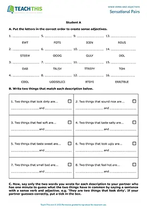 ESL sense verbs and adjectives activity preview for A2 showing unscrambling, guessing, and sentence forming