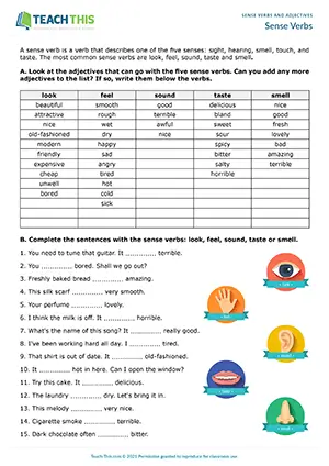 ESL sense verbs worksheet preview for B1 showing brainstorming, gap-fill, and pair description practice