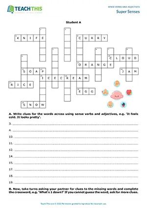 ESL sense verbs and adjectives speaking activity for A2 showing crossword clues, sensory descriptions, and guessing