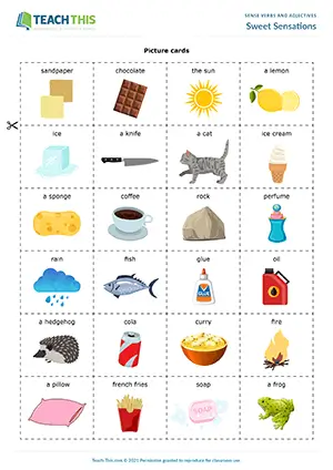 ESL sense adjective games preview for B1 showing matching and describing activities with pictures and sensory adjectives