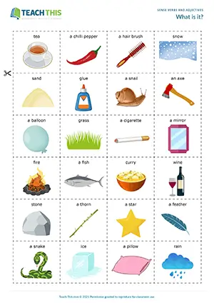ESL sense adjectives and verbs game preview for B2 showing description and guessing for group practice