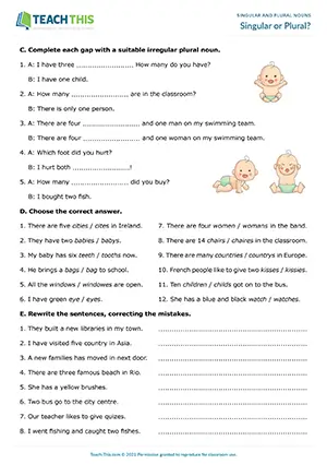 ESL singular and plural nouns worksheet preview for A1-A2 showing gap-fill, categorization, and error correction activities