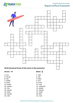 ESL singular and plural nouns crossword preview for A1-A2 showing clues and answers with various plural endings