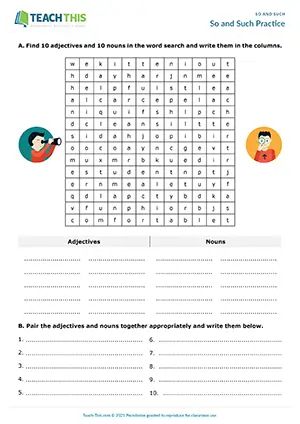 ESL so and such worksheet preview for A2 showing word search, adjective-noun pairs, and sentence creation