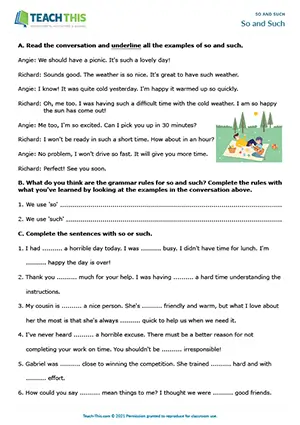 ESL so and such worksheet preview for A2 showing rules, conversation examples, and sentence practice