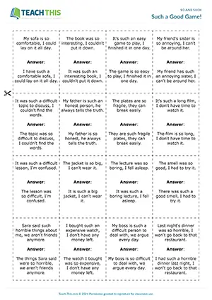 ESL so and such game preview for B1 showing pair work, sentence transformation, and card activities