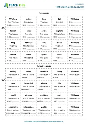 ESL so and such game preview for A2 showing group card game with sentence completion using so and such