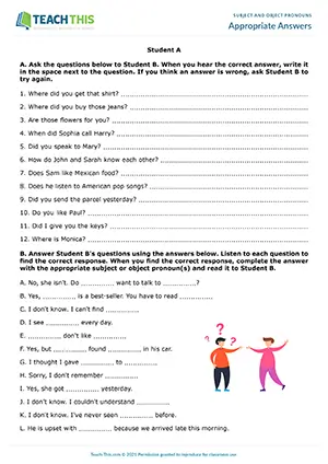ESL subject and object pronouns activity preview for B1 showing pair work, gap-fill, and matching