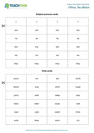 ESL subject pronouns game preview for A1-A2 showing miming, guessing, and sentence forming group activities