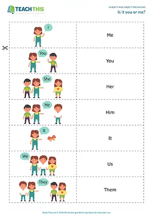 ESL subject and object pronouns game and worksheet preview for A1 showing pelmanism, gap-fill, and error correction