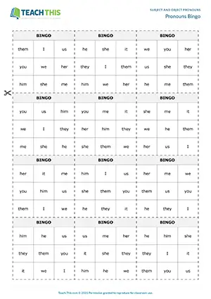 ESL subject and object pronouns bingo game preview for A1-A2 showing group listening and matching