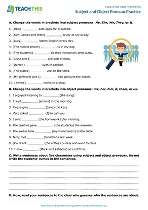 ESL subject and object pronouns worksheet preview for A1-A2 showing gap-fill, sentence writing, and class guessing