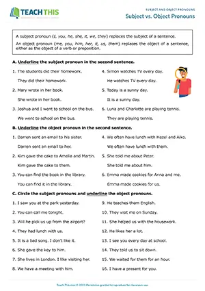 ESL subject vs object pronouns worksheet preview for A1-A2 showing identification, rewriting, and short story gap-fill