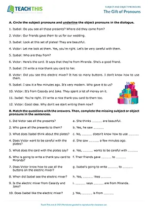 ESL subject and object pronouns worksheet preview for A2 showing dialogue, matching, gap-fill, and reading comprehension