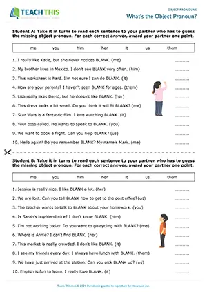 ESL object pronouns game preview for A1-A2 showing pair work sentence gap-fill and listening