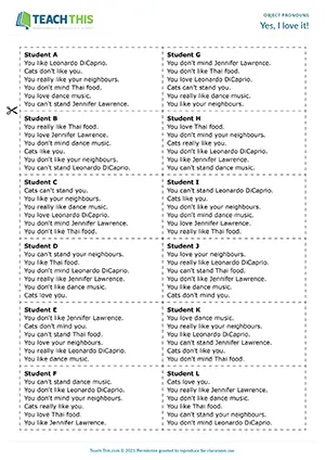 ESL object pronouns activity preview for A2 showing group and pair work for finding common likes and dislikes