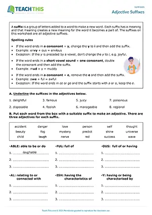 ESL adjective suffixes worksheet preview for B2 showing underlining, matching, gap-fill, and writing exercises