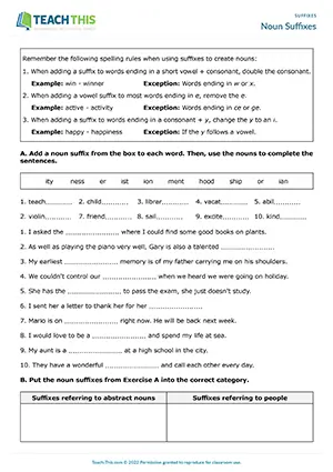ESL noun suffixes worksheet preview for B1 showing matching, gap-fill, categorizing, and error correction exercises