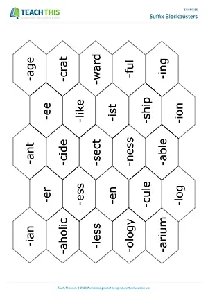 ESL suffixes game preview for B2 showing team competition, hexagon grid, and suffix word guessing practice