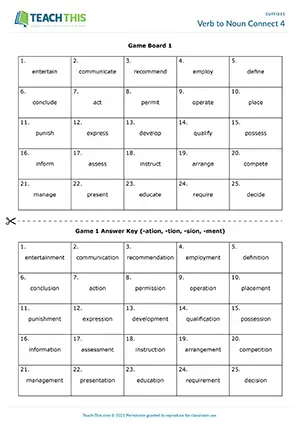 ESL suffixes connect 4 game preview for B2 showing verb to noun transformation and spelling practice