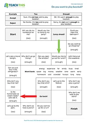 ESL too and enough board game preview for B1 showing group sentence forming and negative responses