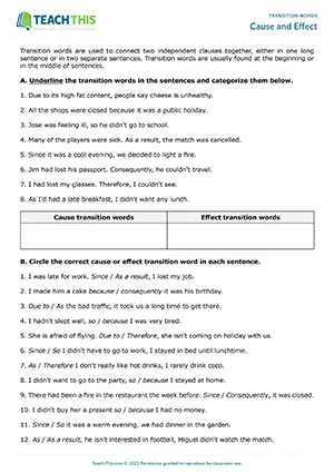 ESL cause and effect worksheet for pre-intermediate A2, focusing on identifying, categorising, gap-fill, and rewriting sentences