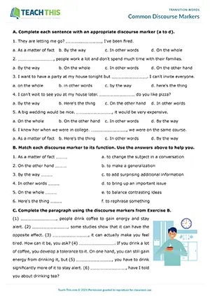 ESL discourse markers worksheet for intermediate B1, gap-fill, matching, sentence completion, and rewriting