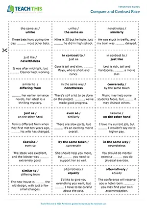 ESL compare and contrast race game for upper-intermediate B2, sentence completion and group work