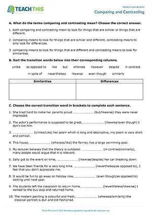ESL comparing and contrasting worksheet for intermediate B1, categorising, binary choice, unscrambling, sentence writing
