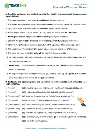 ESL concession words worksheet for upper-intermediate B2, binary choice, identifying, rewriting, sentence completion